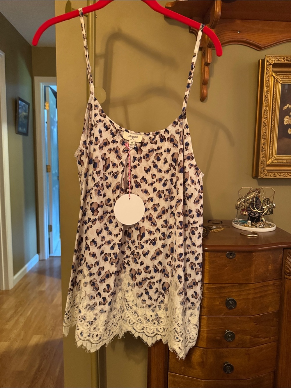 Umgee White Leopard Print Lace Trim Tank Top